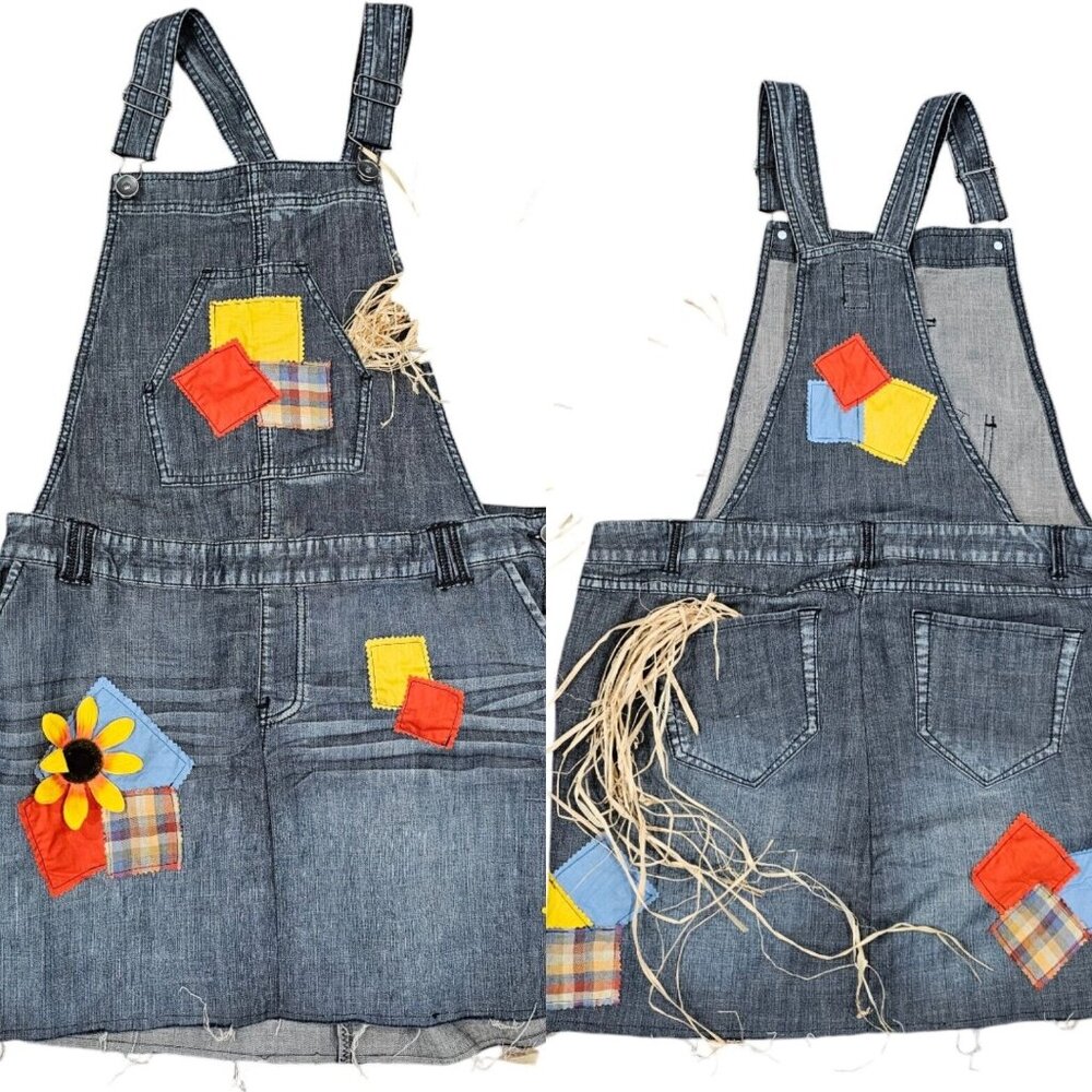 Womens Juniors XL Sexy Scarecrow Denim Dress Overalls Jumper Bibs Patches - Picture 1 of 11